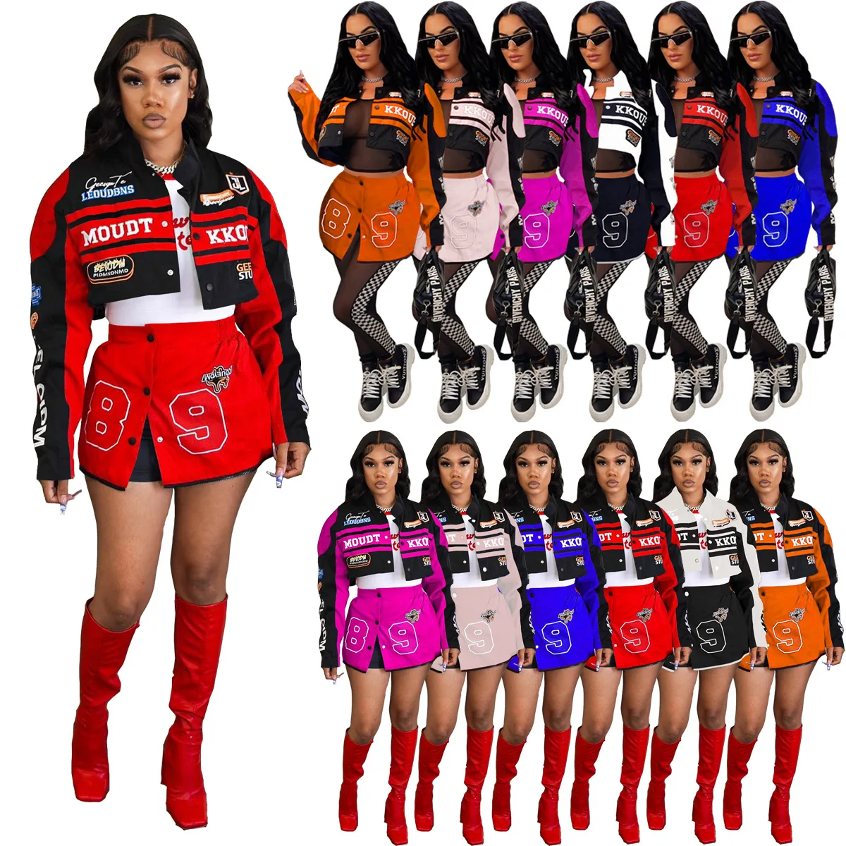 Top Trends: 2023 Varsity Detachable Coats Letter Printed Racing Button Up Bomber Jackets Autumn Winter Streetwear Fitness Skirt Matching Set Shoppable Styles