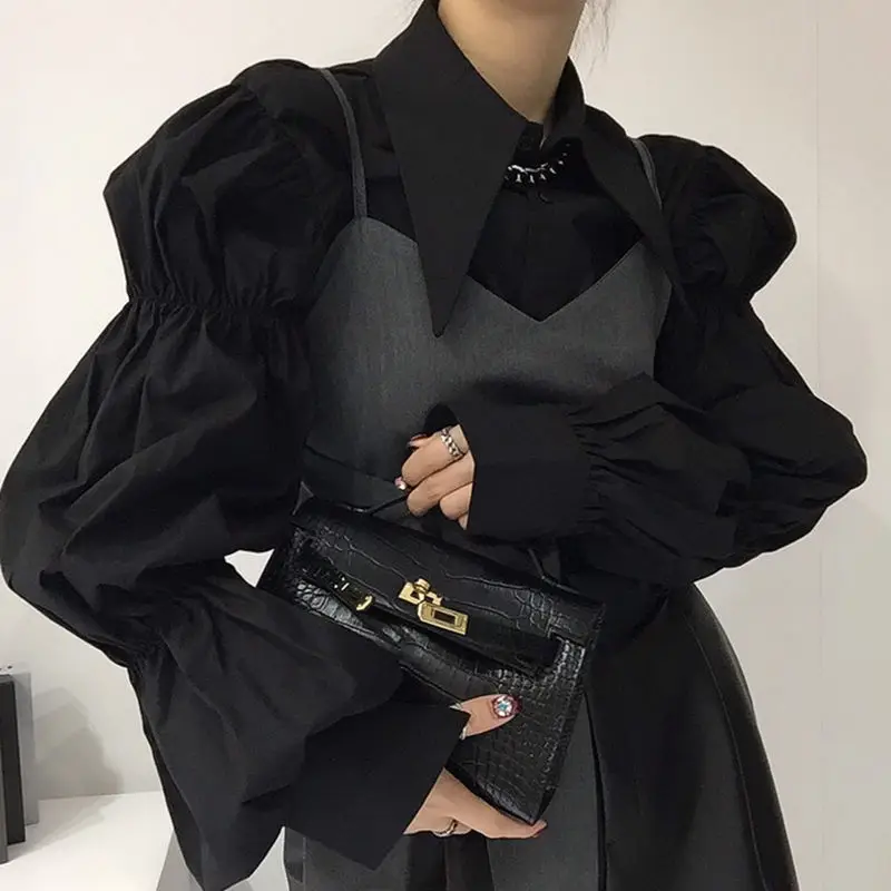 Top Trends: Deeptown Black Women Blouses Vintage Elegant Female Office Wear Puff Sleeve Shirts Korean Fashion Chic White Casual Oversized Shoppable Styles