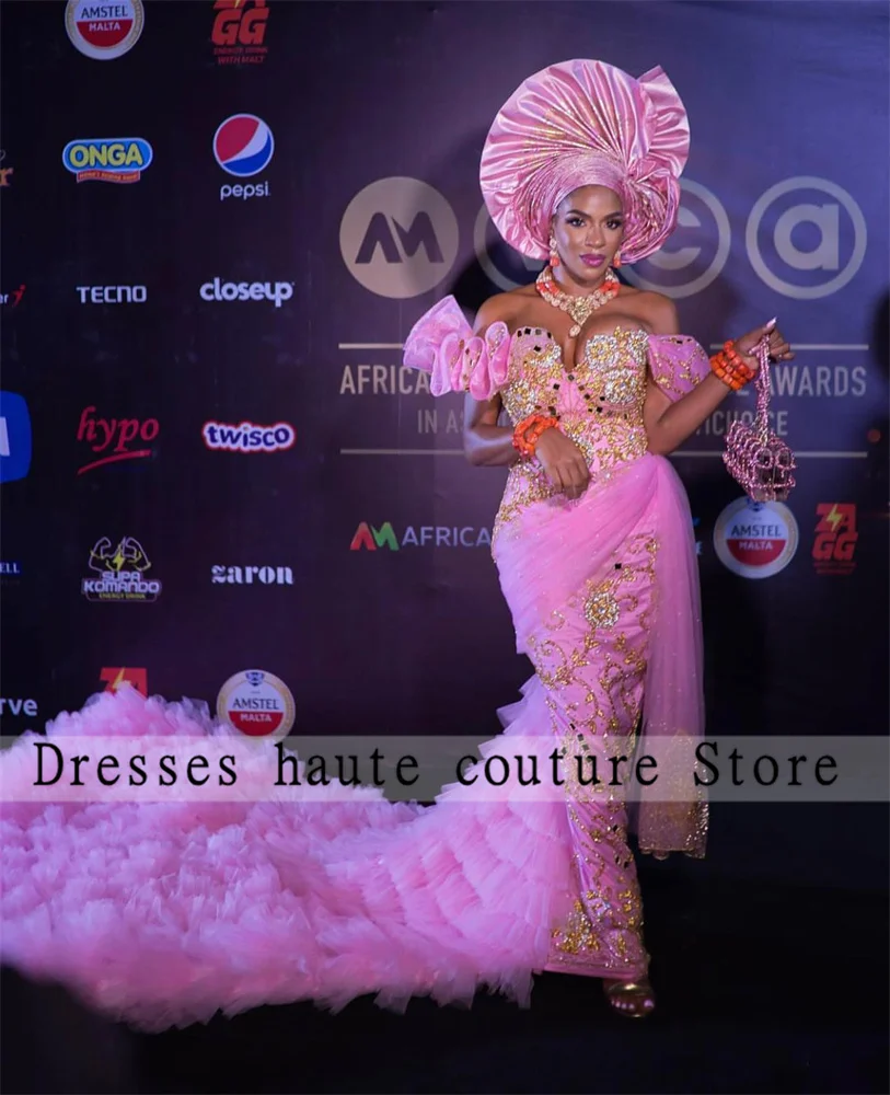 Top Trends: Aso Ebi Pink Mermaid Evening Dresses 2024 Luxury Africa Women Ruffles Gold Beading Appliques Mermaid Prom Dress Wedding Dress Shoppable Styles