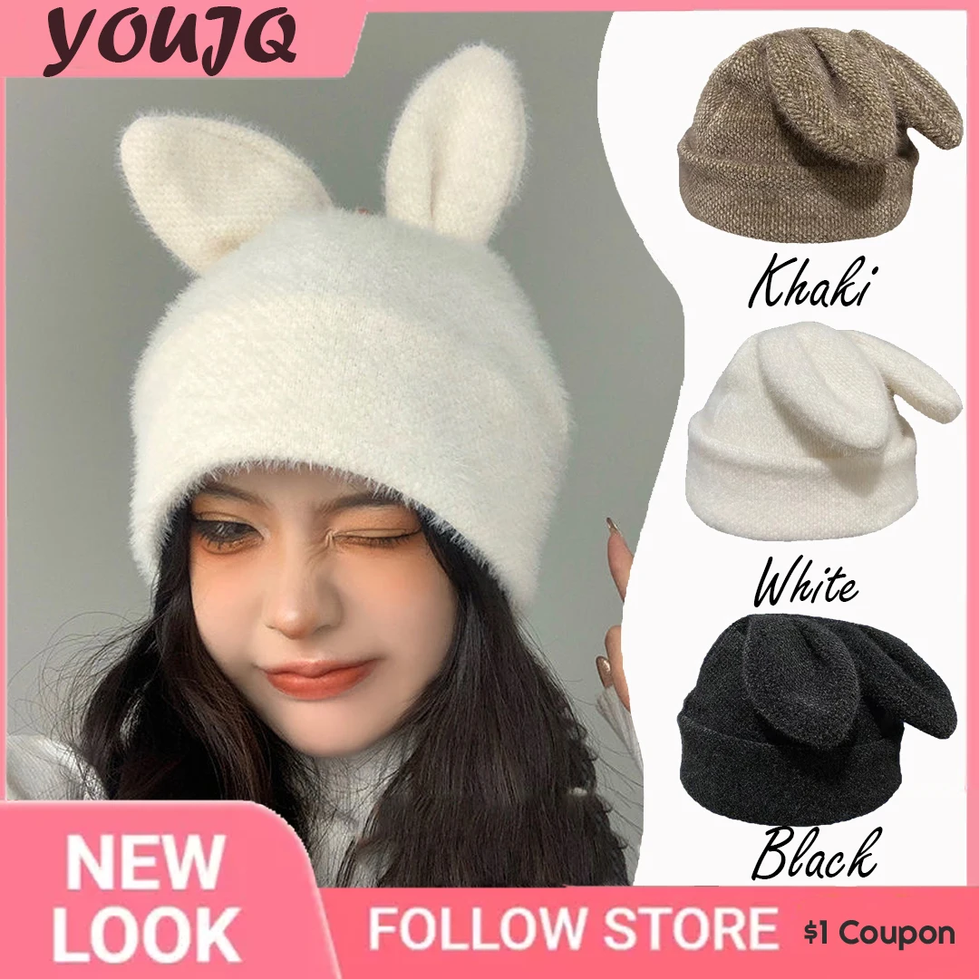 Top Trends: Cute Rabbit Ears Knitted Hats For Women Autumn Winter Warm Panama Soft Rabbit Fur Beanie Cap Girls Skullies Ski Hat Gorras Shoppable Styles