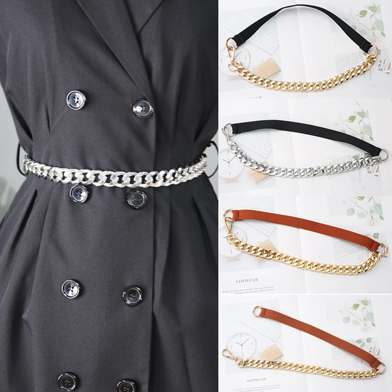 Top Trends: Women Elastic Waistbands With Chain Pin Hook Button Belt For Dress Skirt Wide Belts Ladies PU Waistbands Clothes Accessories Shoppable Styles