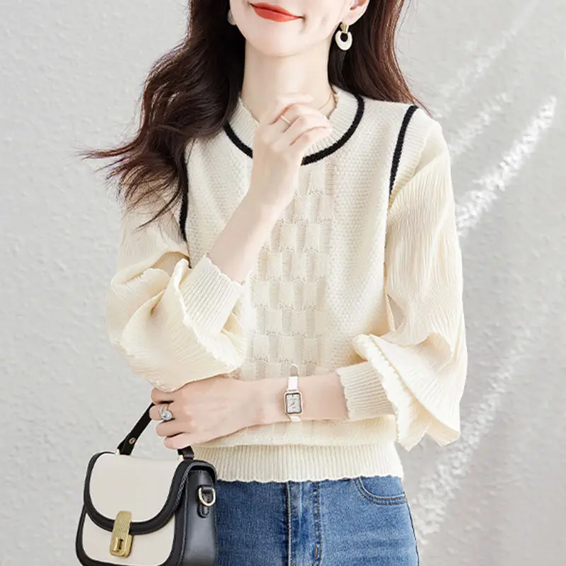 Top Trends: Casual Solid Color Knitted Shirt Spring Autumn Fake Two Pieces Korean Folds Loose Spliced Women's Bright Line Decoration Blouse Shoppable Styles