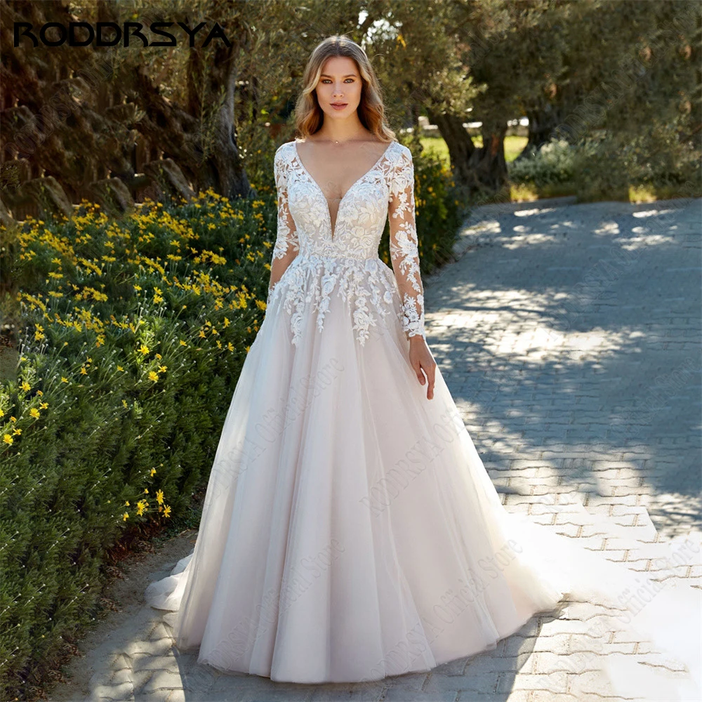 Top Trends: RODDRSYA Princess Light Champagne Wedding Dresses Long Sleeves Backless A-Line Bride Gowns Applique Tulle Vestidos De Novia Shoppable Styles