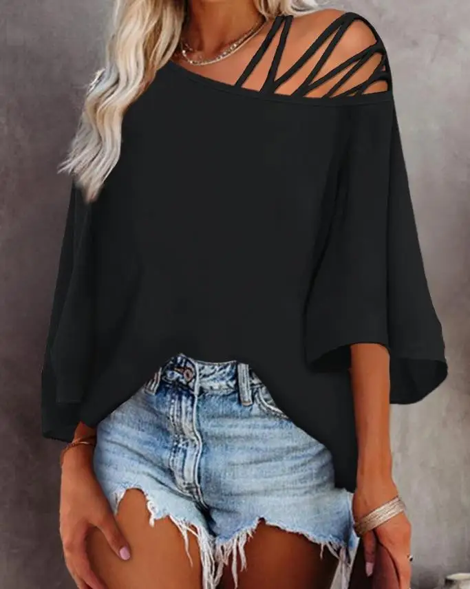 Top Trends: 2023 Summer New Fashion Top Casual Loose 7 / 4 Sleeve Top Bat Sleeve T-shirt Oblique Neck Women's Top Temperament Commuting Style Shoppable Styles