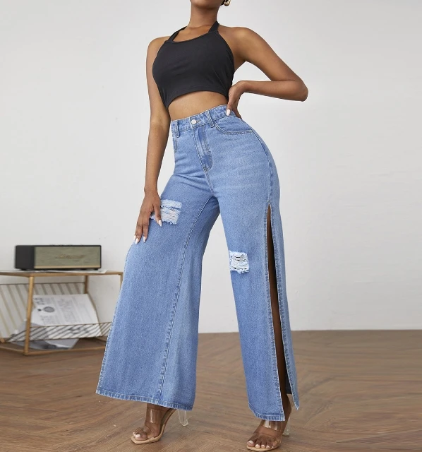 Top Trends: Women&#039;s Jeans 2023 Spring Fashion Ripped Side Slit Casual High Waist Pocket Design Daily Wide Leg Jeans Y2K Streetwear Shoppable Styles