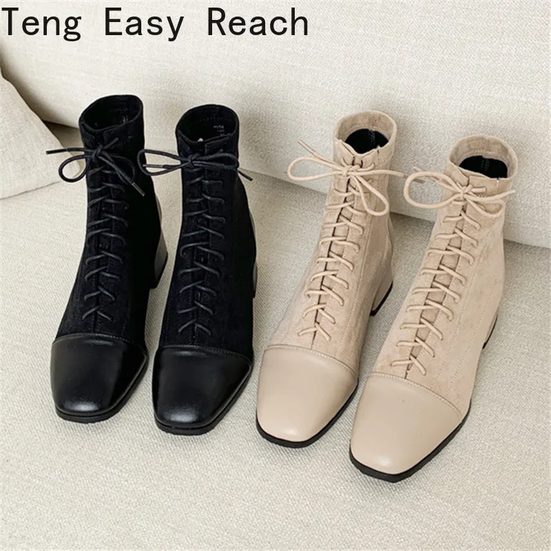 Top Trends: 2024 Autumn Winter Women Ankle Boots Shoes Solid Black Beige Lace-up Square Toe Rubber Elegant Fashion Low Heels Women Boots 43 Shoppable Styles