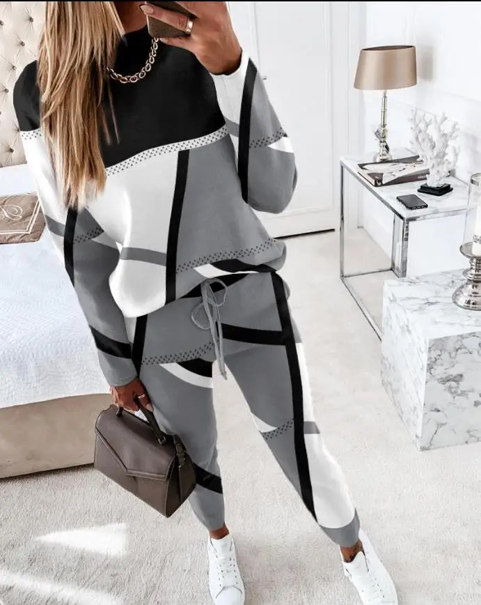 Top Trends: Two Piece Sets Womens Outifits Casual Geometric Print Long Sleeve O-neck Top Pullover &amp; Fashion Drawstring Pants Set Autumn 2022 Shoppable Styles