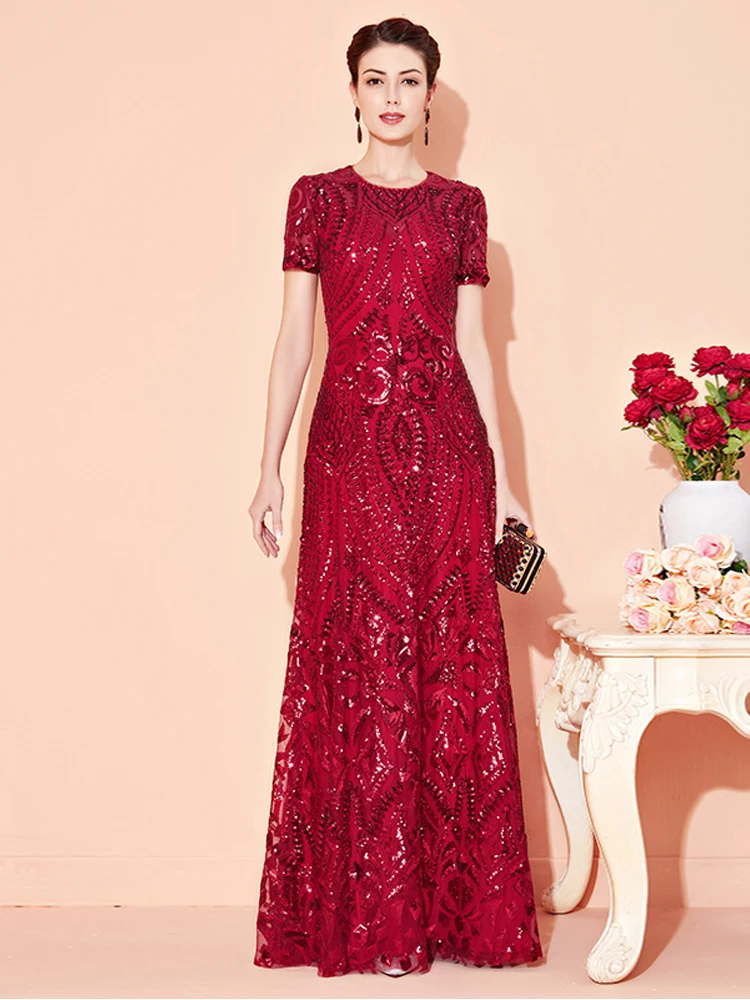 Top Trends: Modest O-Neck Wine Red Sequin Wedding Pary Dresses Elegant A-Line Floor-Length Mother Of The Bride Dresses Long Shoppable Styles