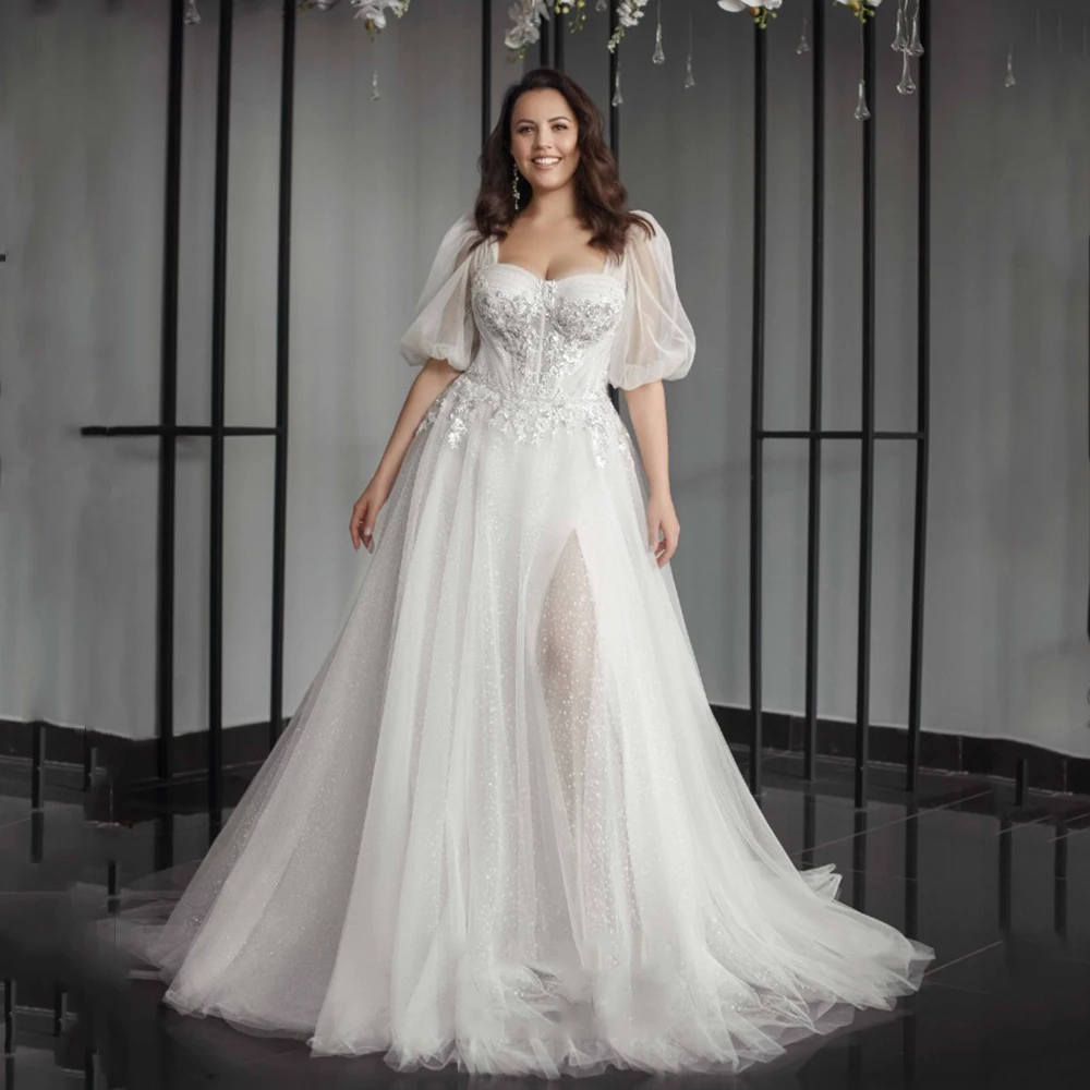 Top Trends: Plus Size Square Neck Wedding Dresses Half Sleeves Appliques Bride Gowns Appliques Tulle With Side Split A-Line Vestido De Noiva Shoppable Styles