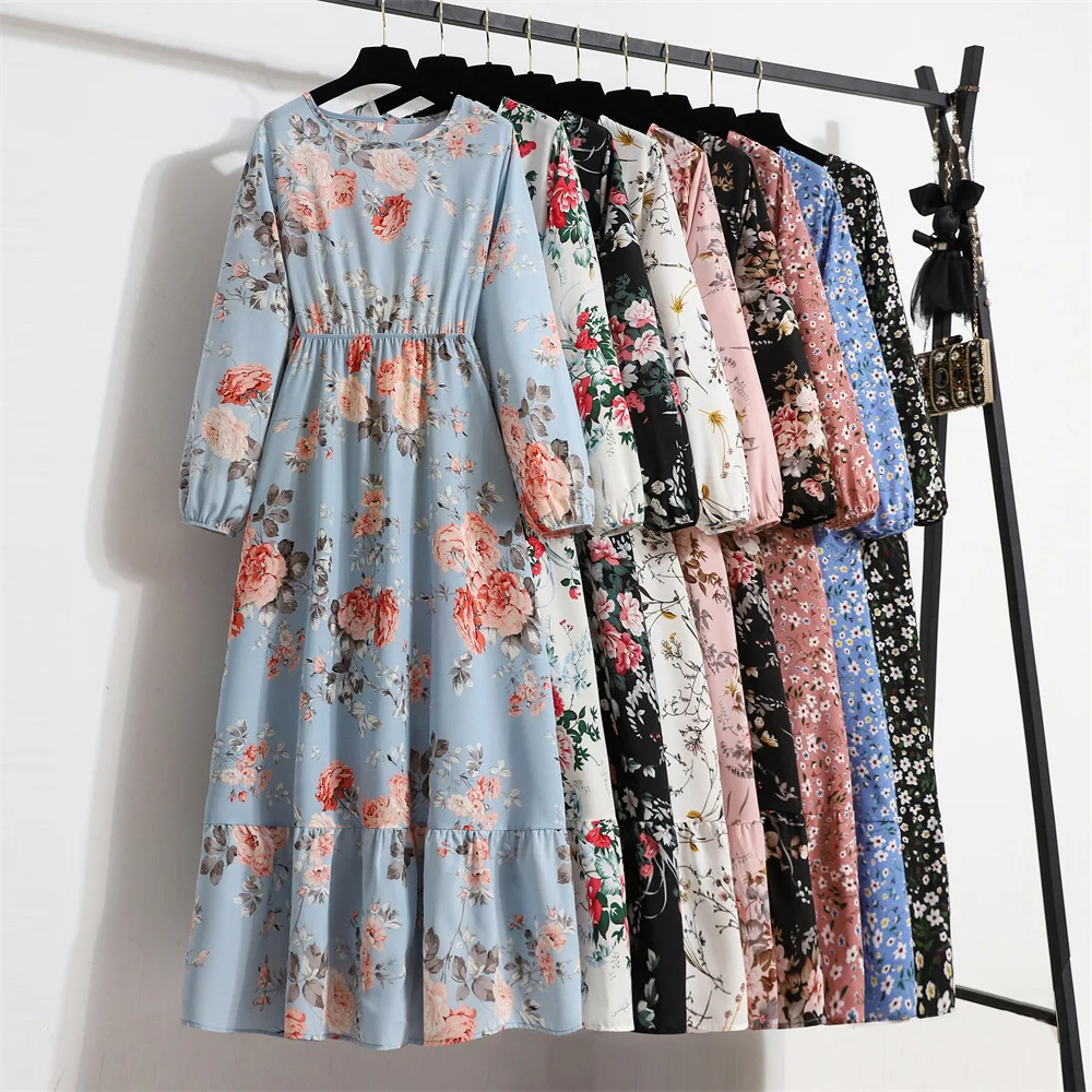 Top Trends: Women Floral Printed Maxi Dresses Spring Summer Casual O Neck Full Sleeve High Waist A Line Boho Beach Party Long Dress Vestidos Shoppable Styles