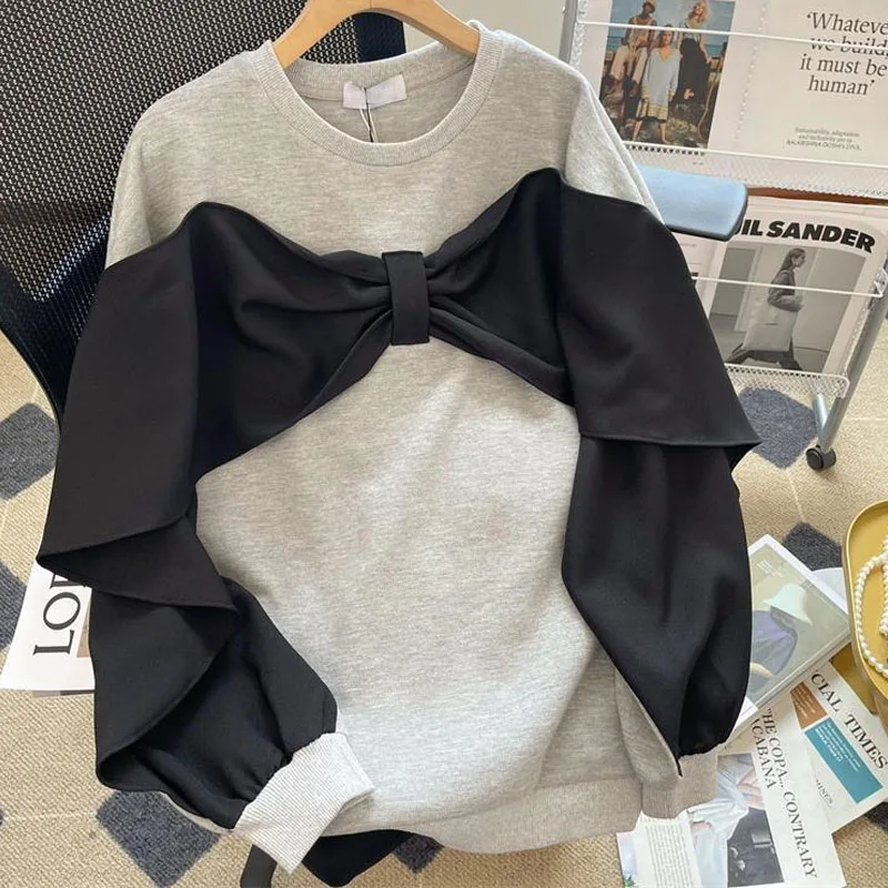 Top Trends: Spring And Autumn Fashion Fake Two Pieces Loose Large Spliced Bow Versatile Foreigner Round Neck Women's Long Sleeve Sweater Shoppable Styles