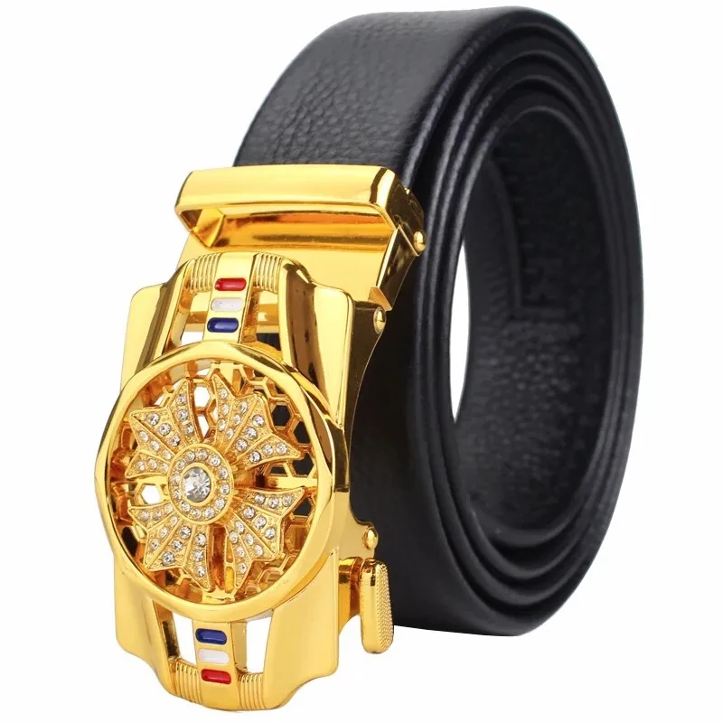 Top Trends: Man Automatic Buckle Leather Belt High Quality Men Business Belt Golden Waist Buckle Rhinestone Decoration Males Luxury Belt Shoppable Styles