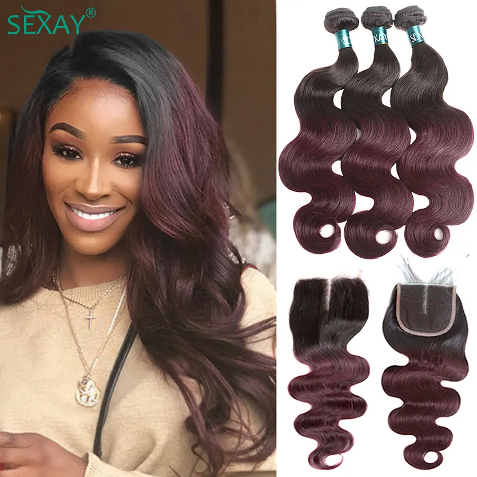 Top Trends: 1B 99J Body Wave Bundles With Closure Free Part Brazilian Human Hair Ombre Burgundy Hair Bundles With Transparent Lace Closure Shoppable Styles