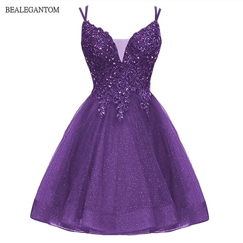 Top Trends: Bealegantom Short Homecoming Dresses V Neck Glitter Lace Applique Formal Cocktail Graudation Prom Party Gowns QA2022-9 Shoppable Styles