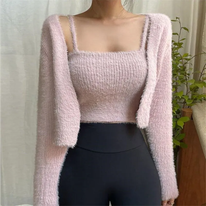 Top Trends: Women Korea Spring Long Sleeve Cropped Knitted Sweater And Vest Set Sueters De Mujer Vetement Femme 2022 Shoppable Styles