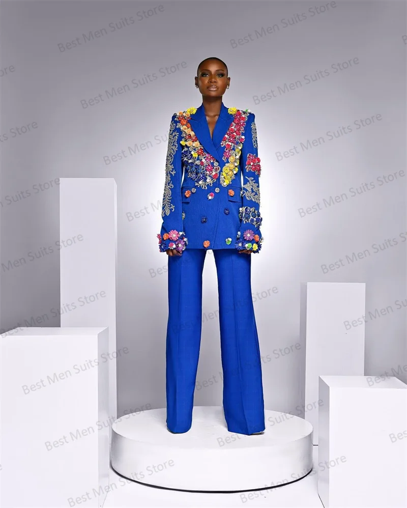 Top Trends: Blue Beads Women Suits Pants Set 2 Piece 3D Flower Appliqued Office Lady Jacket Prom Dress Wedding Tuxedo Custom Made Jacket Shoppable Styles