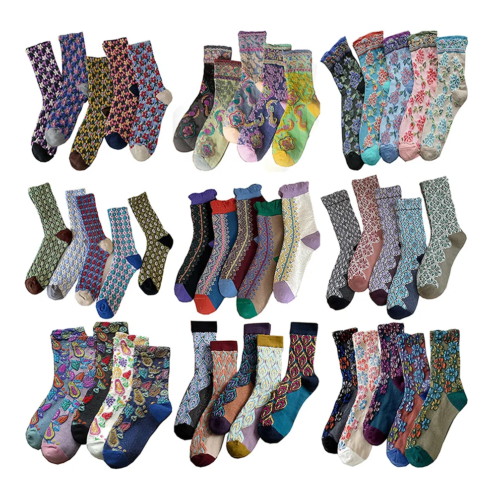 Top Trends: 5 Pair Korean Style Women Socks Cute Print Flower Cotton Socks Japanese Harajuku Fashion Floor Sokken Autumn Winter Middle Tube Shoppable Styles