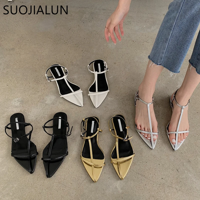 Top Trends: SUOJIALUN 2022 New Brand Women Sandal Fashion Narrow Band Flat Heel Ladies Gladiator Shoes Pointed Toe Ankle Buckle Zapatos Muje Shoppable Styles