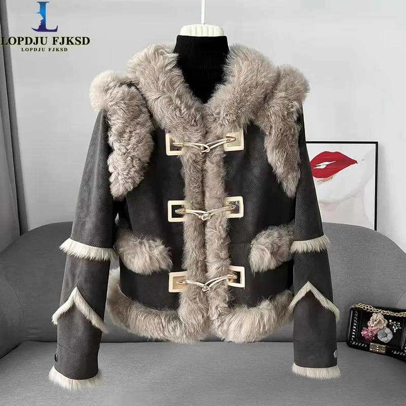 Top Trends: Leather Jacket For Women, Wool Collar, Rabbit Fur Coat, Horn Button Overcoat, Warm Female Clothing, Winter, High Quality, New Shoppable Styles