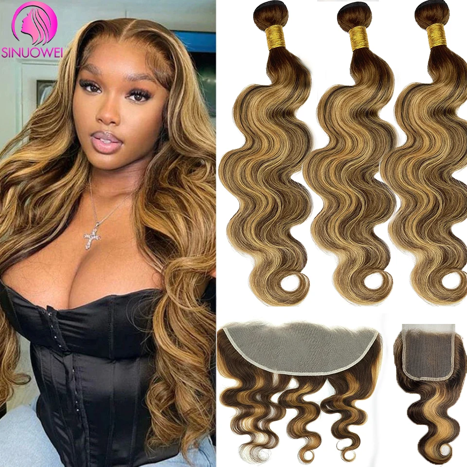 Top Trends: P4 / 27 Highlight Body Wave 3 / 4 Real Human Hair Bundles With 13x4 Transparent Lace Frontal Pre-Plucked Peruvian Remy Hair Shoppable Styles