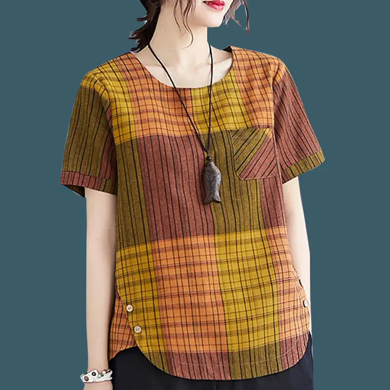 Top Trends: Women's Vintage Plaid Print Cotton Linen Blouse Summer Casual O Neck Short Sleeve Shirt Loose Irregular Tops Female Blusas Ropa Shoppable Styles - Image 5