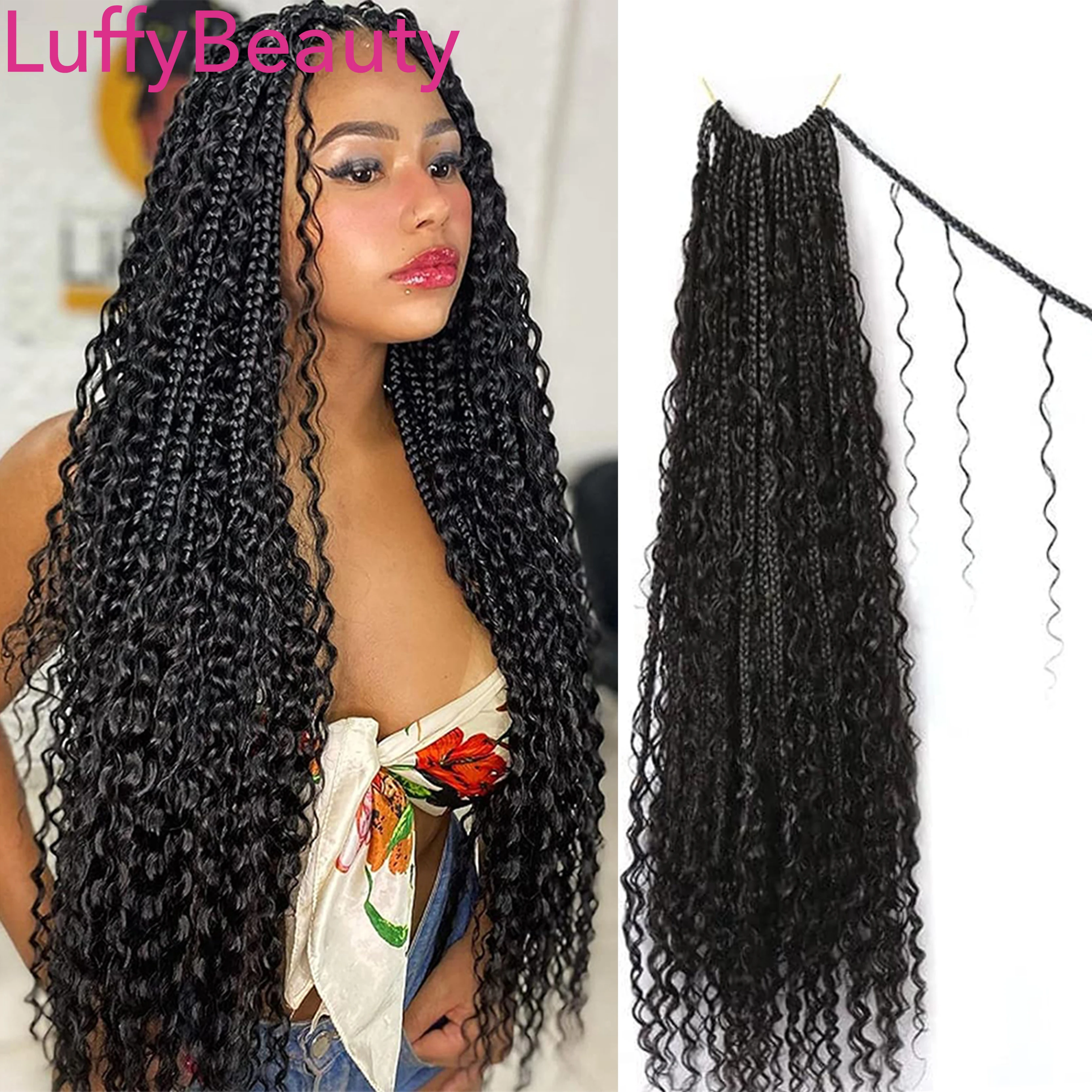 Top Trends: Crochet Boho Box Braids With Human Hair Curls Pre Looped Synthetic Braiding Hair Curly Full Ends Hair Extensions LuffyBeauty Shoppable Styles