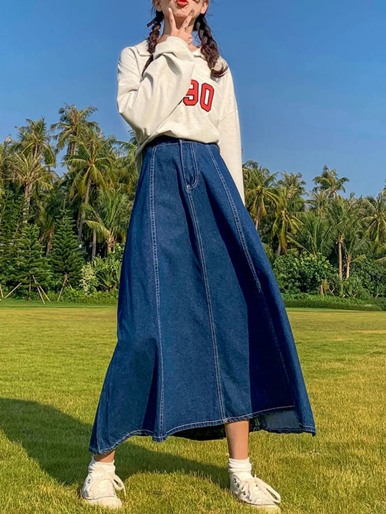 Top Trends: Maxi Long Skirts Women Spring Summer Casual High Waisted Jean Skirt Ladies Splicing A-Line Ruffle Denim Skirt Plus Size 5XL 6XL Shoppable Styles