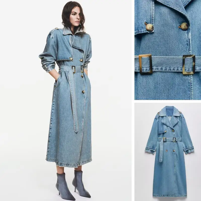 Top Trends: Denim Trench Coats For Women Belt On Waist Slim Jean Coats Ladies Jaqueta Feminina Blue Jean Jacket Woman Shoppable Styles