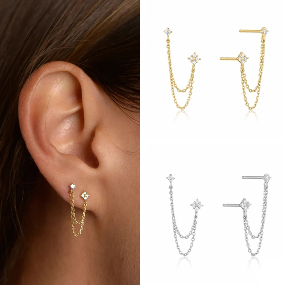 Top Trends: New Arrival Double Ear Studs Tassel Chains Hanging Earrings For Women Ear Piercing 3 Metal Color Luxury CZ Hot Jewelry Shoppable Styles