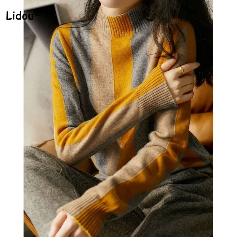 Top Trends: Elegant Vintage Half High Collar Striped Sweaters Women&#039;s Clothing Autumn Winter Korean Long Sleeve Knitted Pullovers For Female Shoppable Styles