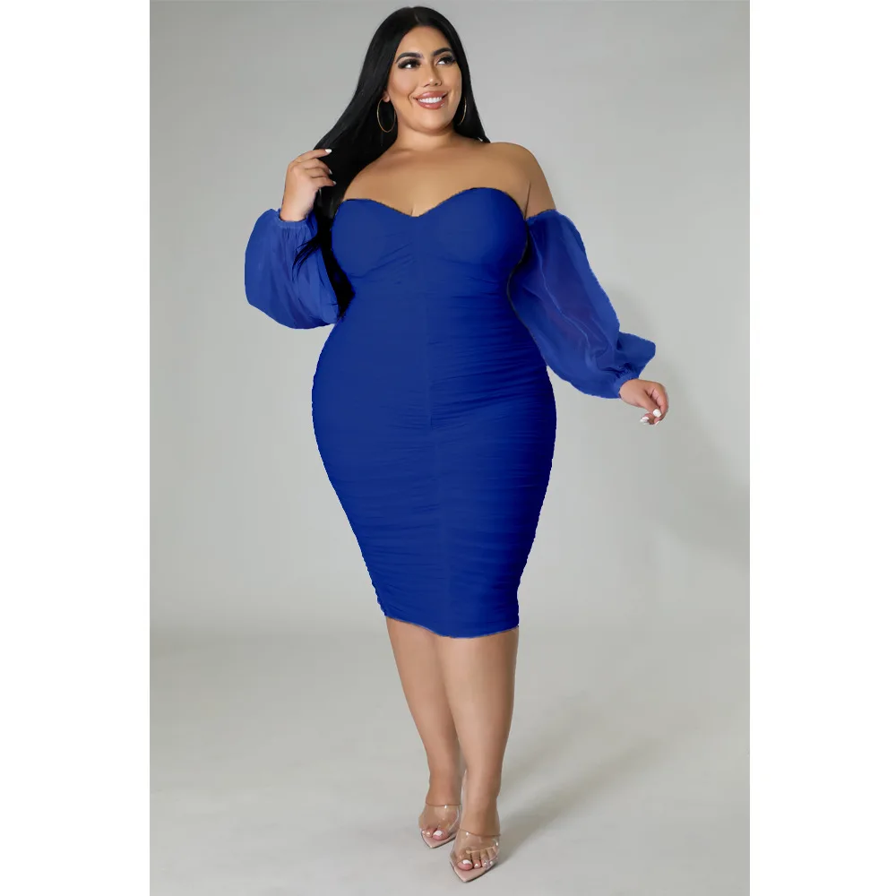 Top Trends: Plus Size Ruched Party Dress Female Mesh Off Shoulder Luxury Prom Evening Dinner Robe Autumn Elegant Pretty Women Midi Dress Shoppable Styles