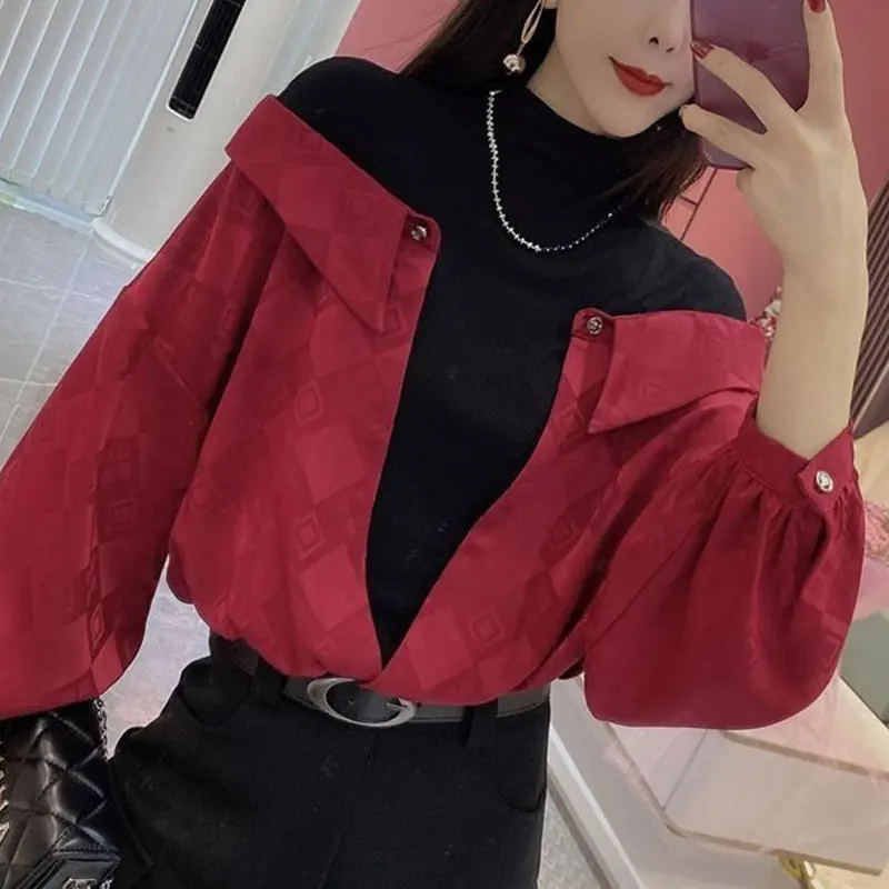 Top Trends: Fashion Fake Two Pieces Spliced Blouse Female Clothing Korean Half High Collar Loose Spring Autumn Commute Plaid Printed Shirt Shoppable Styles