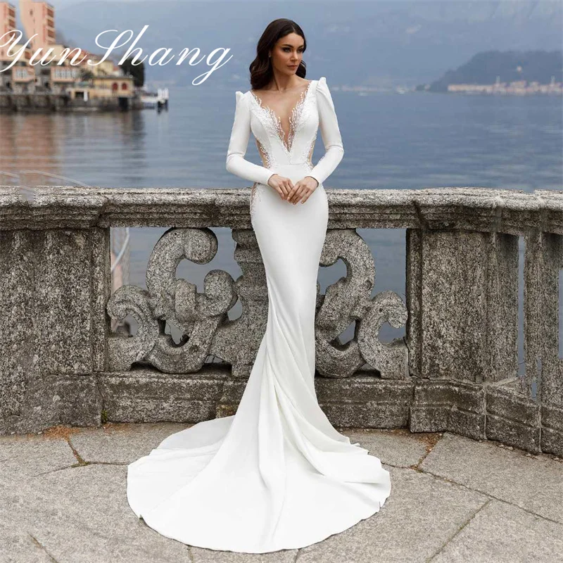 Top Trends: Yunshang Elegant Wedding Dress Women 2024 Mermaid Illusion Open Long Sleeve Back Lace V-Neck Bridal Gown Train Vestidos De Novia Shoppable Styles