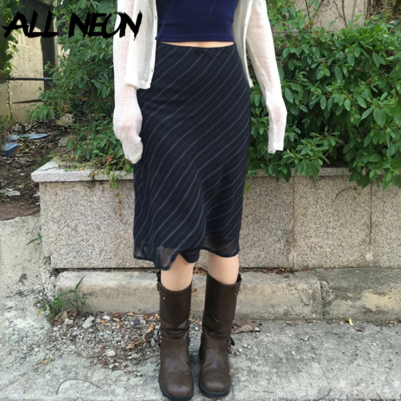 Top Trends: ALLNeon 90S Fairy Striped Double Layer Mesh Mid Skirts Y2K Aesthetic Cute Bow A-Line Skirt Vintage Basic Bottoms Streetwear Slim Shoppable Styles