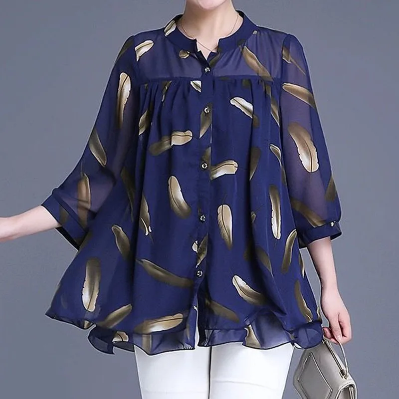 Top Trends: Women's 3 / 4 Sleeve Casual Printed Chiffon Blouse Summer Fashion New Single-breasted Thin Loose Pullovers Shirt Female Clothing Shoppable Styles