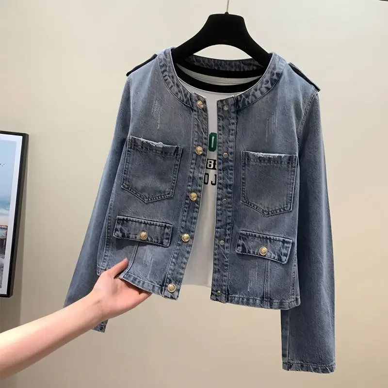 Top Trends: Crew Neck Denim Jacket Long Sleeve Women Single-breasted Retro Korean Fashion Coat Autumn Short Tops Casual Chic Cardigan Shoppable Styles