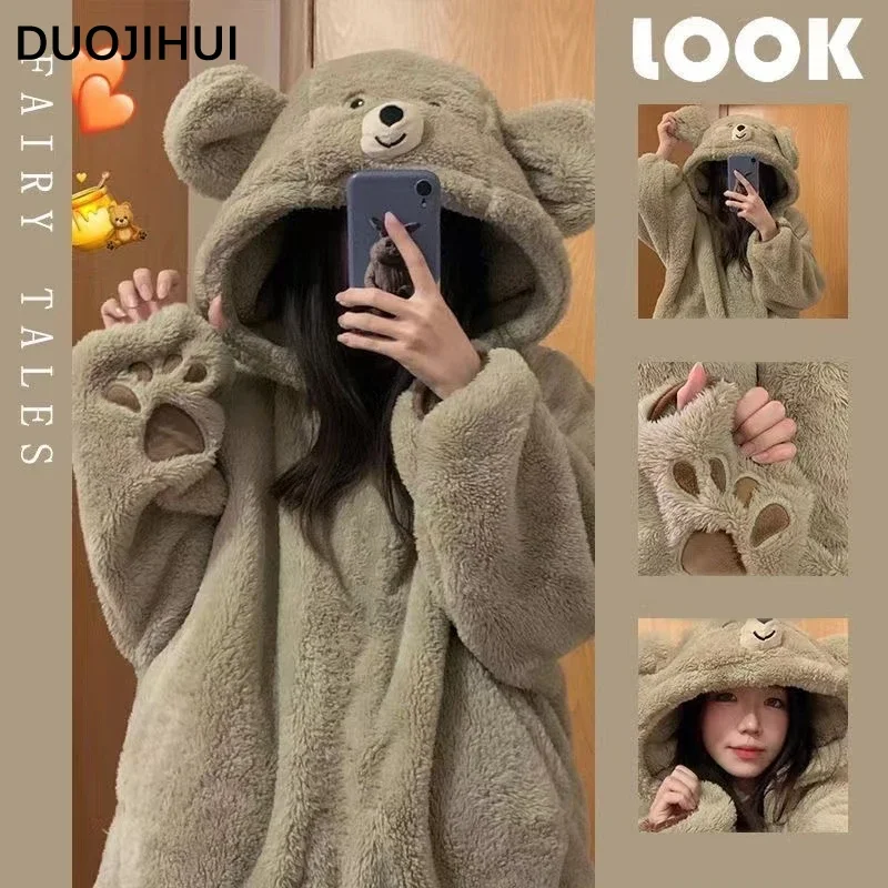 Top Trends: DUOJIHUI Hooded Winter Flannel Lovely Loose Female Pajamas Set New Simple Casual Fashion Print Thick Warm Soft Pajamas For Women Shoppable Styles