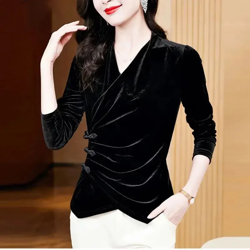 Top Trends: Women's Solid V-Neck Folds Pullover Button T-shirt Long Sleeve Autumn And Winter 2023 New Slim Vintage Underlay Gold Velvet Tops Shoppable Styles