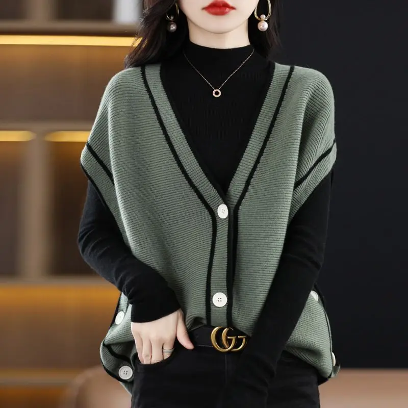 Top Trends: Spring Autumn Women Vintage Casual Sweater Vest V-Neck Loose Cardigans Sleeveless Panelled Fashion Female Knitted Sweaters 2022 Shoppable Styles