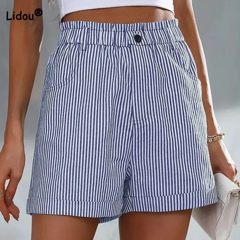 Top Trends: Casual Pockets Striped Printing Shorts 2023 New Fashion Summer Clothes For Women Elastic Waist Patchwork Button Straight Pants Shoppable Styles