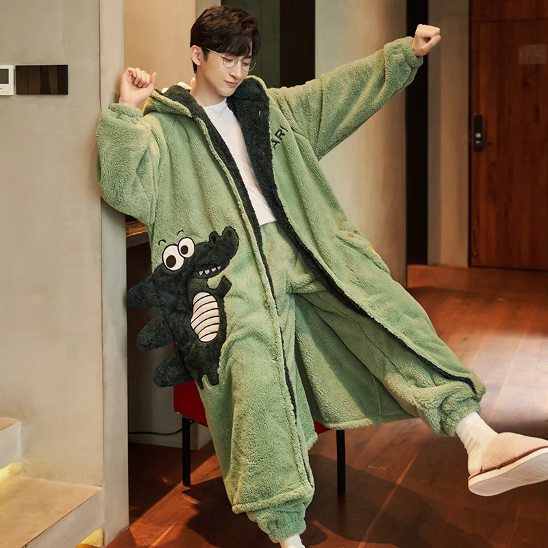 Top Trends: Cartoon Men's Bathrobe For Home Clothes Casual Kimono Winter Flannel Warm Long Robe Sets Thick Plus Size Nightgown Shoppable Styles