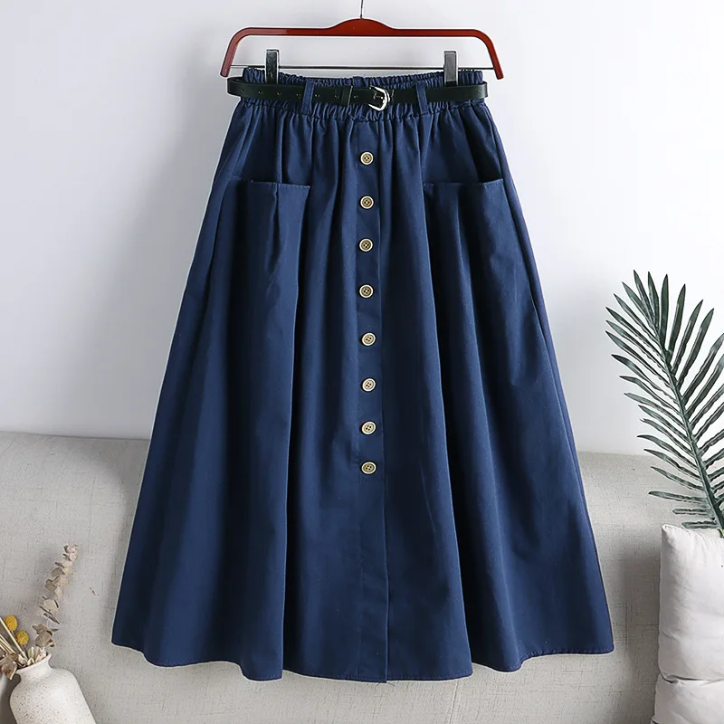 Top Trends: Cotton Single Breasted Skirt Women Spring 2024 Autumn Fashion High Waist Pleated Skirt Female A Line Skirt With Belt Shoppable Styles