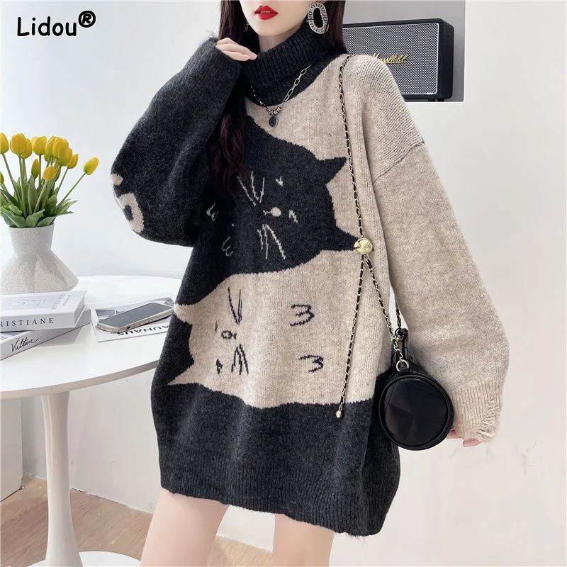 Top Trends: Autumn Winter Thick Loose Streetwear Turtleneck Straight Animal Pullovers Women's Clothing 2022 Splicing Printing Korean Fashion Shoppable Styles