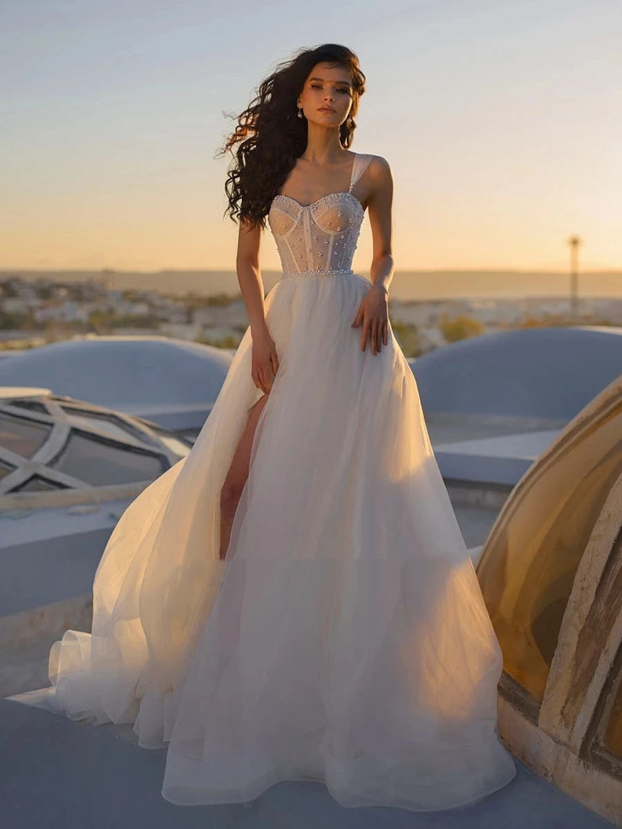 Top Trends: A-Line Tulle Wedding Dresses For Women Elegant Bridal Gowns Sleeveless Side Slit Sexy Robes For Formal Party Vestidos De Novia Shoppable Styles