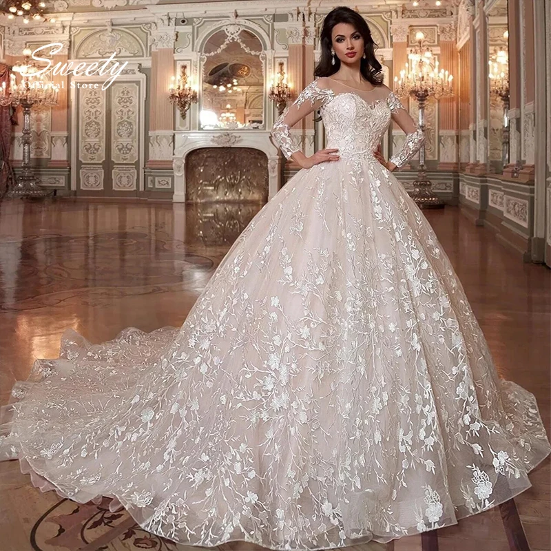 Top Trends: Luxury Wedding Dress Ball Gown With Embroidery Elegant O-neck Full Sleeve Wedding Gowns Crystal Lace Up White Vestido De Noiva Shoppable Styles