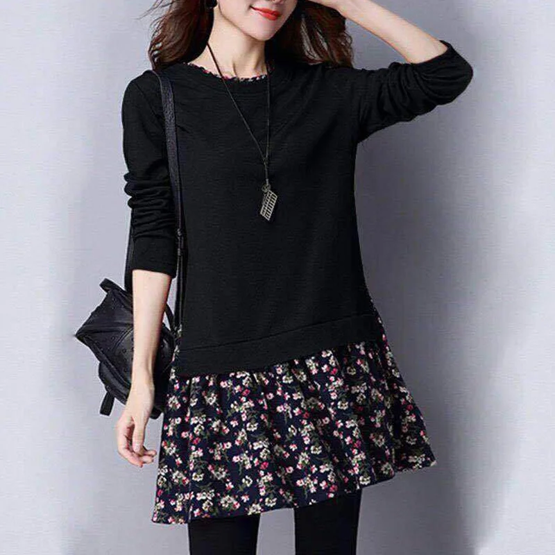 Top Trends: Spring Autumn New Floral Patchwork Top T Shirt Long Sleeve O-neck Loose Solid Plus Size Pullovers Vintage Casual Women Clothing Shoppable Styles