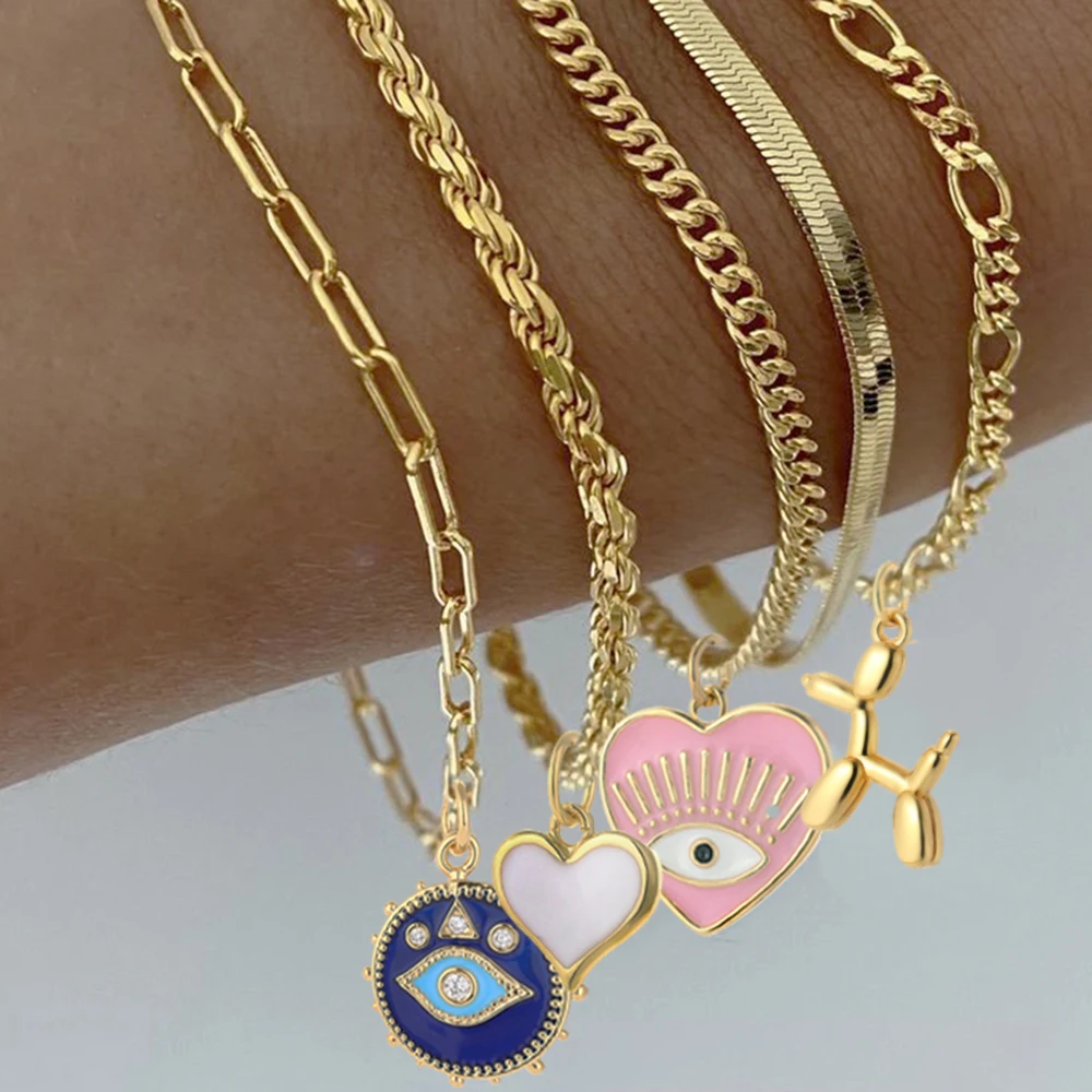 Top Trends: Cute Heart Love Sun Angel Charms Bracelet For Women Evil Blue Eye Gold Color Stainless Steel Chain Copper CZ Dangle Bangle Shoppable Styles