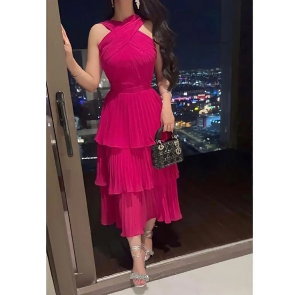 Top Trends: Fuchsia Long Prom Dresses Pleated Tiered Tea Length Party Gowns Special Occasion Vestidos De Fiesta Evening Dress Shoppable Styles