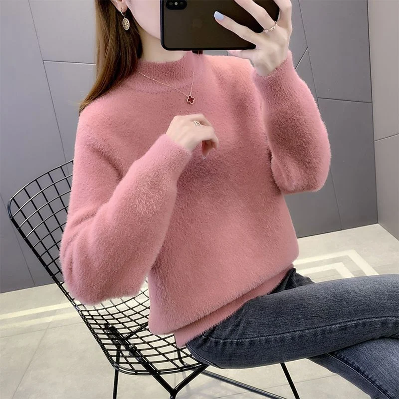 Top Trends: Fluffy Soft Thick Warm Half High Collar Knitted Sweater For Women Autumn Winter Korean Style Solid Long Sleeve Pullovers Jumpers Shoppable Styles - Image 3