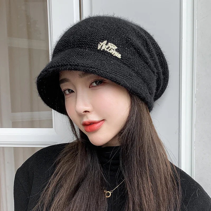 Top Trends: Bunny Fur Knitted Hat Fashion Women Outdoor Wide Brim Beanie Autumn Winter Thicken Warm Ear Protection Cap Korean All-Match Caps Shoppable Styles